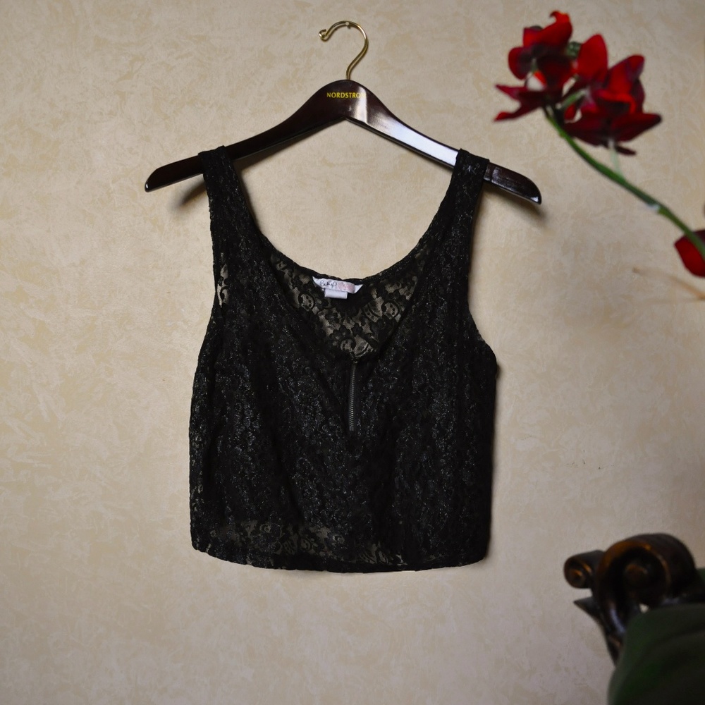 Black Metallic Silver Lace Crochet Crop Top